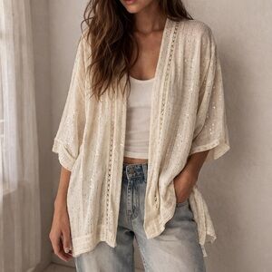 Soft Surroundings Boho Sheer Sequin Kimono Cardigan Topper Open Front Large NWT‎